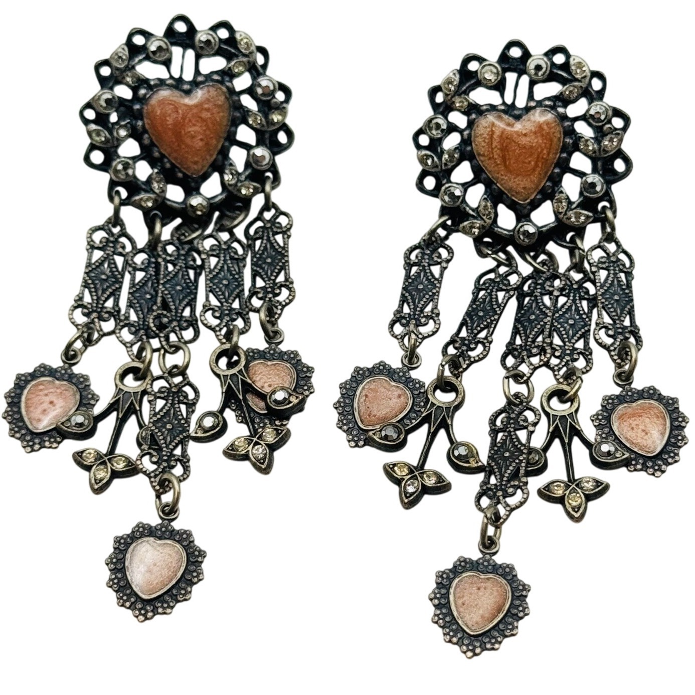 Banana Bob Heart Earrings Vtg Pierced Pink Crystal Sweetheart Enamel Dangle 90s 38$